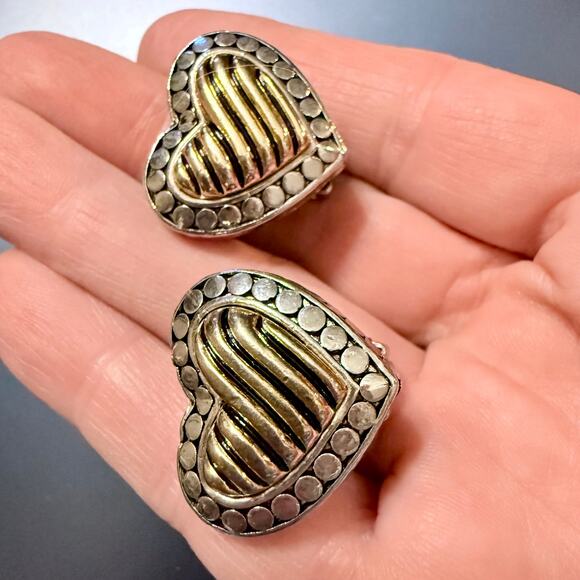 Vintage Brutalist Gold Silver Heart Clip On Earrings - Picture 4 of 6